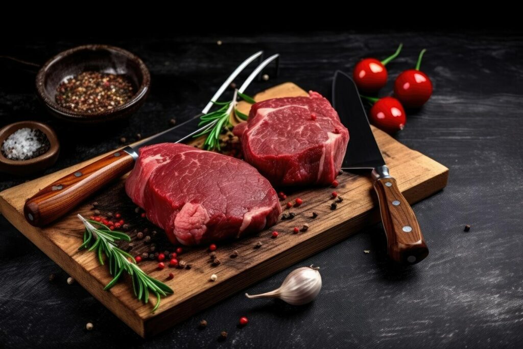 raw-meats-with-spices-utensils-rustic-cutting-board-dark-wood-ai-generative_123827-23522